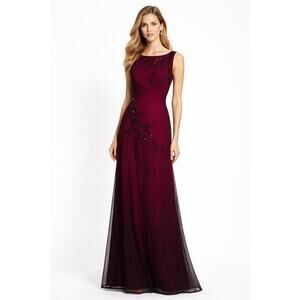 2010s Adrianna Papell Evening Burgundy Ombre Beaded Formal Gown & Shawl NWT 6